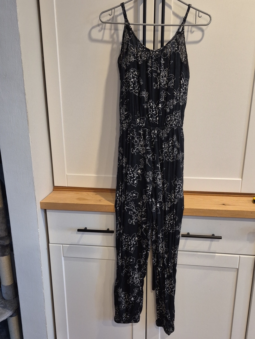 American Eagle Outfitters Navy Blue Floral Spaghetti-Strap Jumpsuit